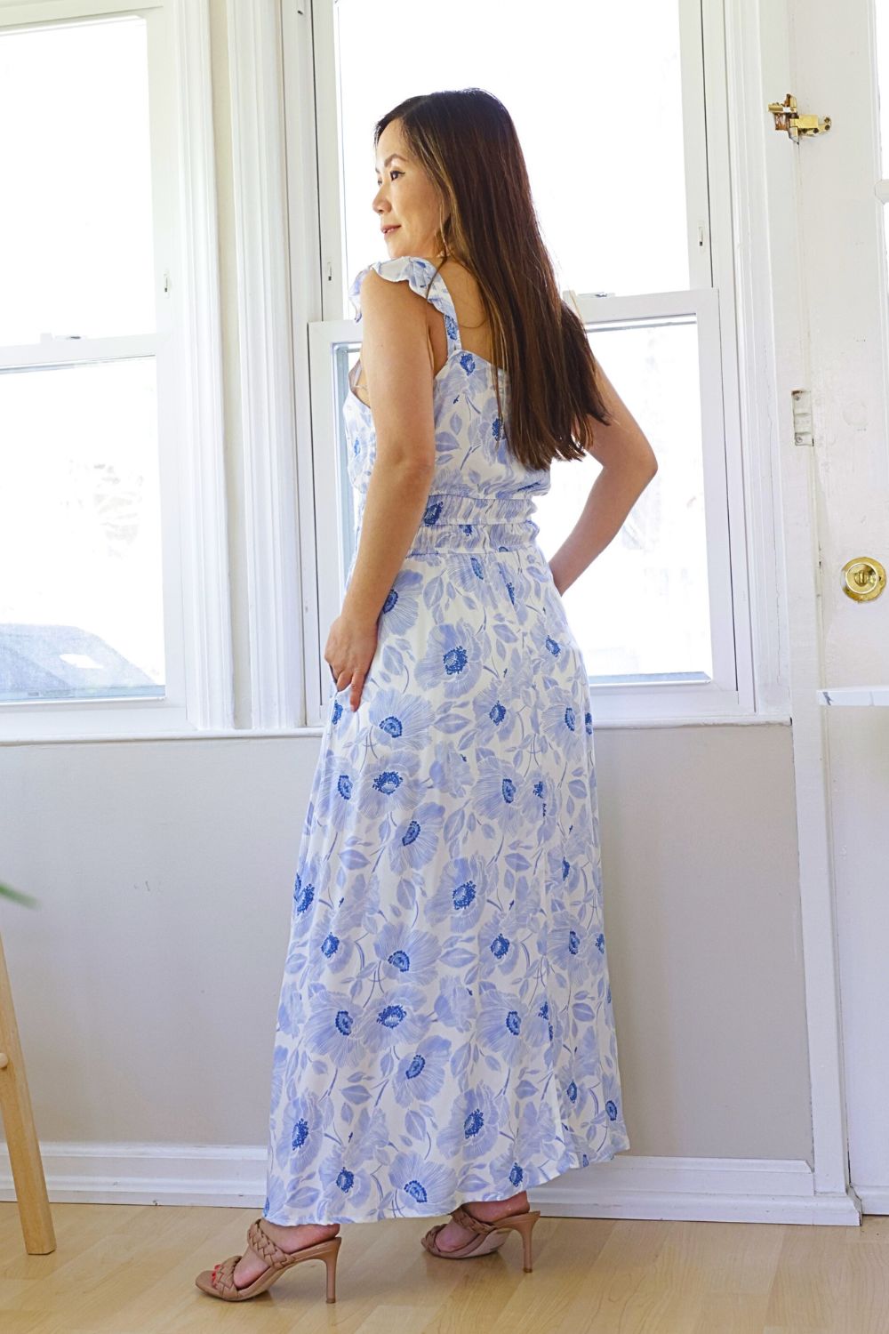 white dress with blue flowers